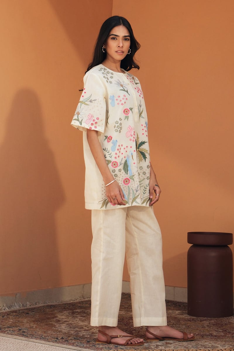 Ivory Embroidered Tunic and Wide-Leg Pants Co-ord Set