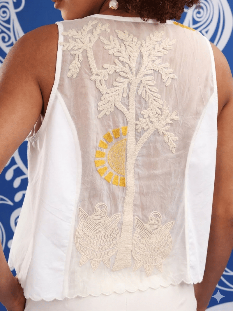 White Sleeveless V-Neck Tie-Up Top with Embroidered Back