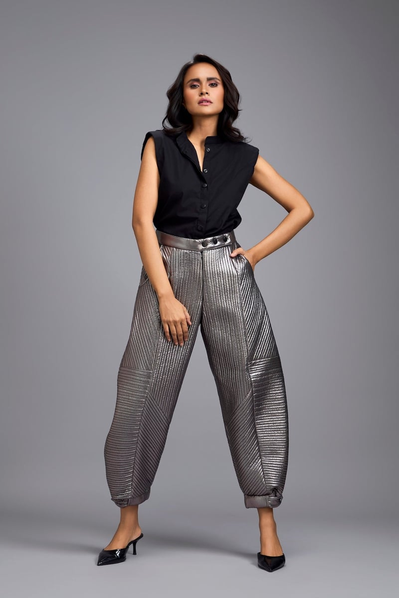 Gunmetal Metallic Quilted High-Rise Tapered Pants