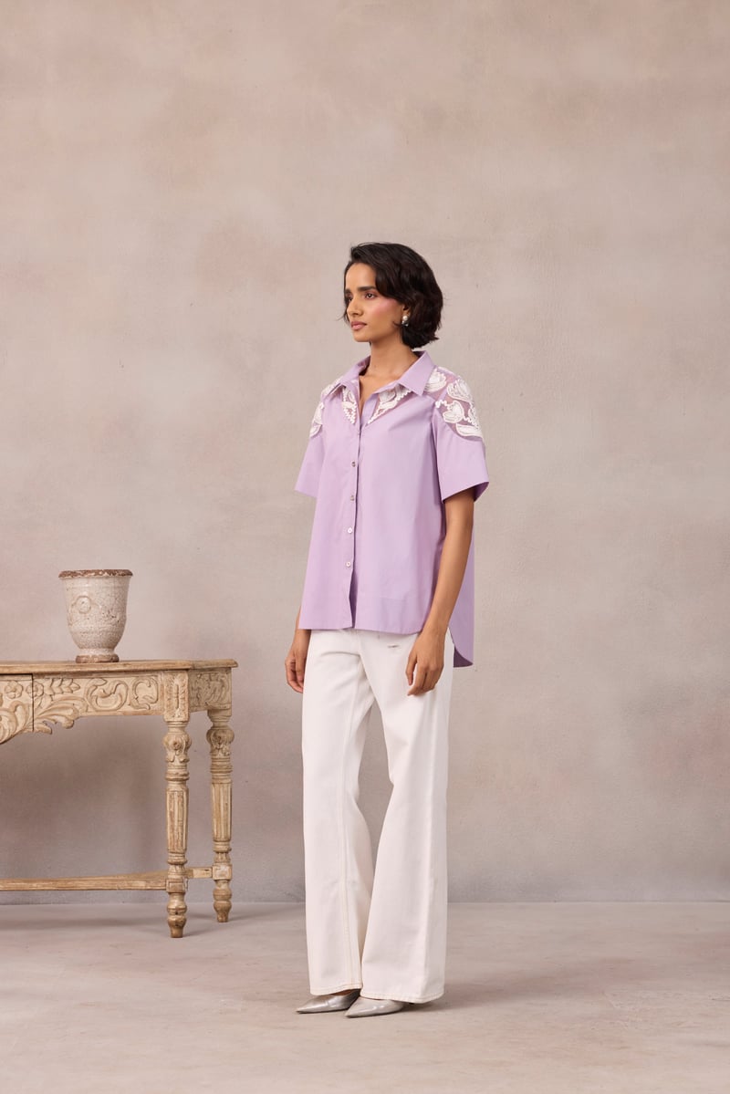 Sweet Lavender Cotton Poplin Shirt With Embroidered Yoke