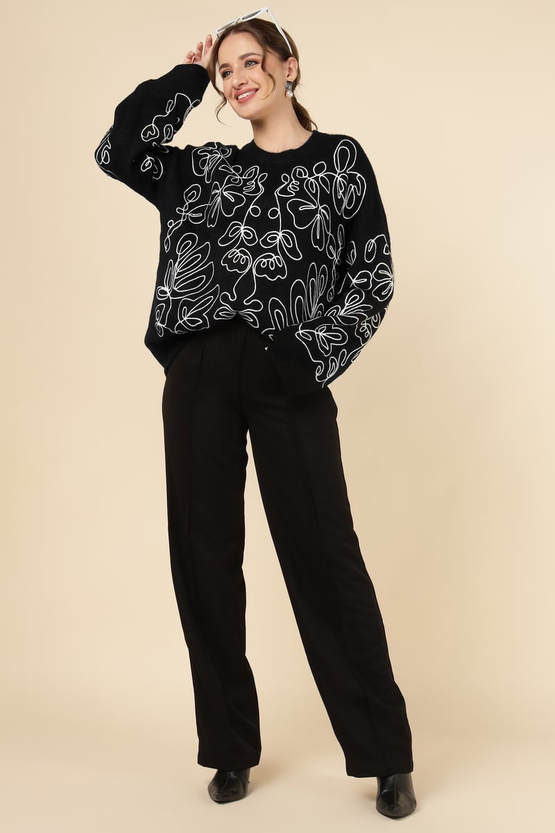 Black Abstract Line-Art Relaxed Fit Sweater