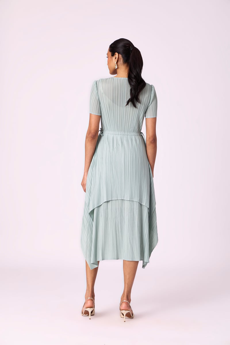 Sage Mint Pleated A-Line Midi Dress with Tie Waist