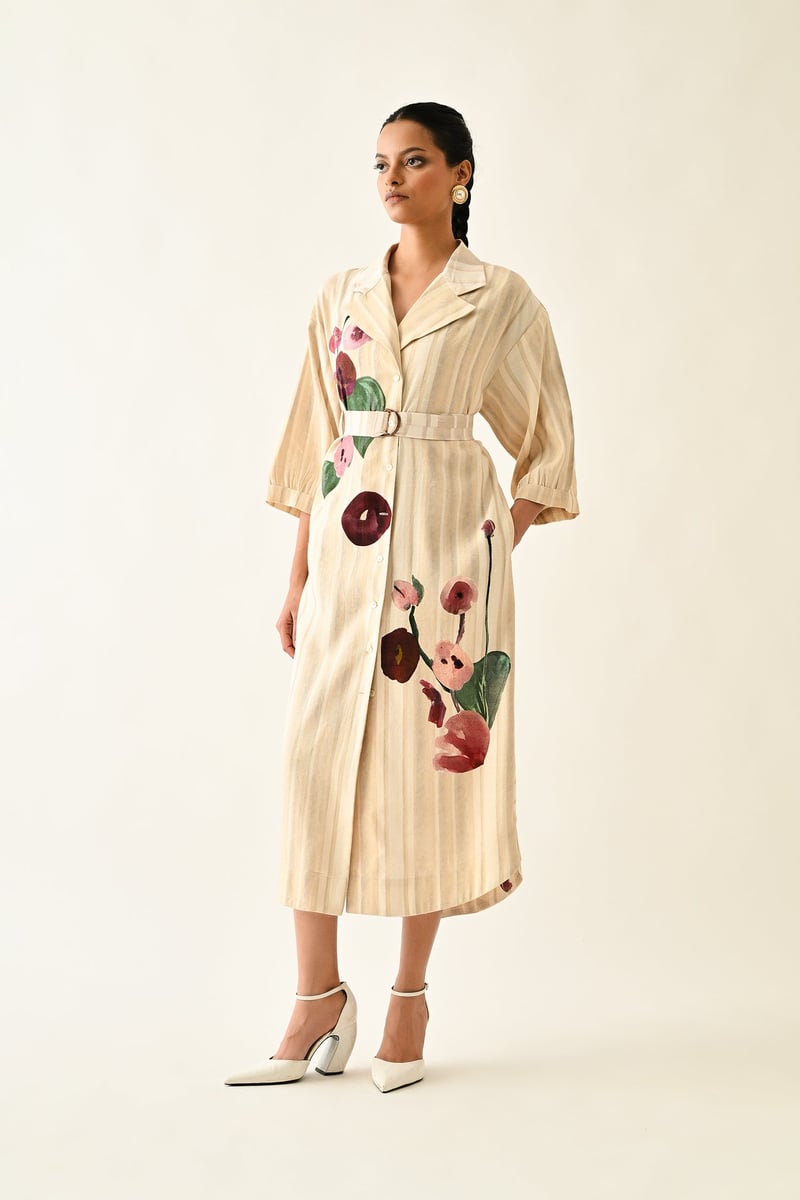Off White Abstract Print Belted Midi Trench Shirt Dress