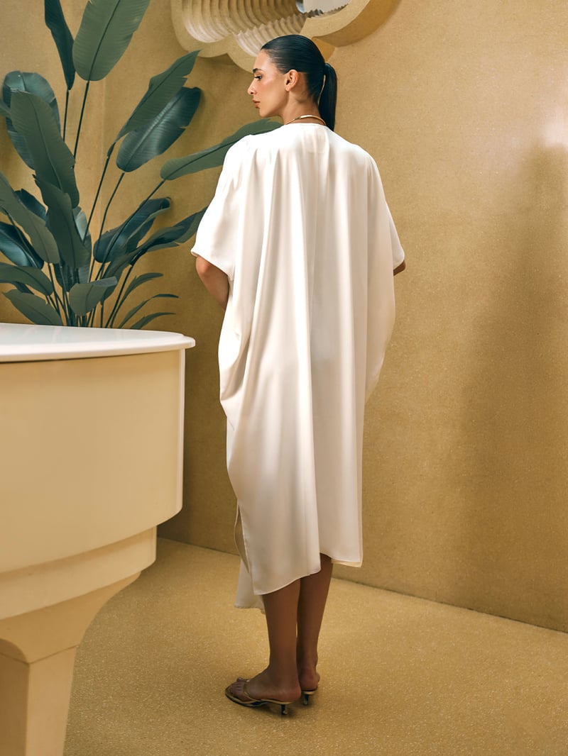 White Satin Draped Kaftan Dress with Gold Embellishment