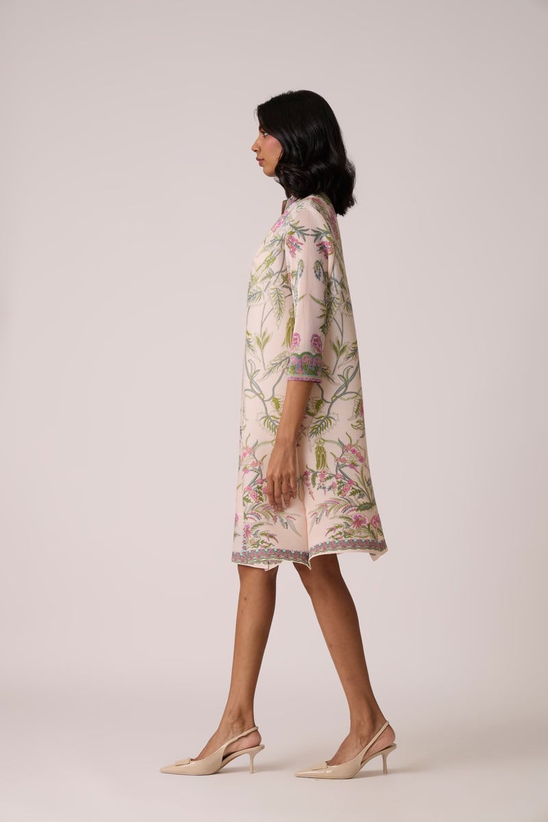 Blush Pink Floral Pleated Tunic Dress with Button Front
