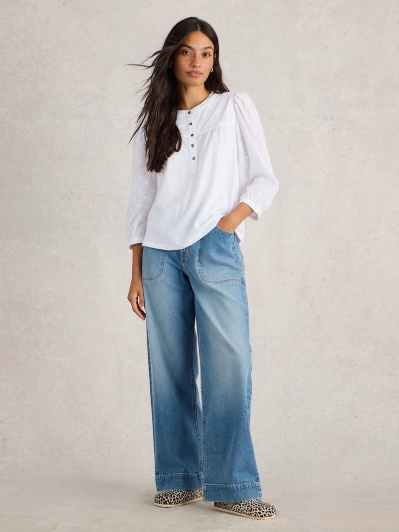 Pale Ivory Dobby Top with Puff 3/4 Sleeves — White Stuff