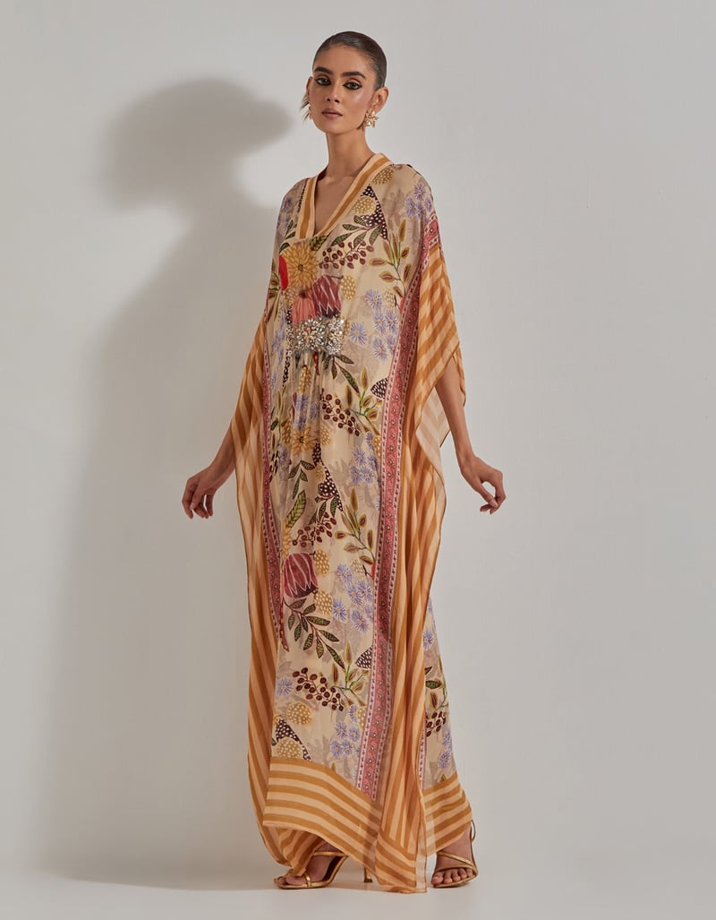 Beige Printed Georgette Maxi Kaftan with Embellished Waist