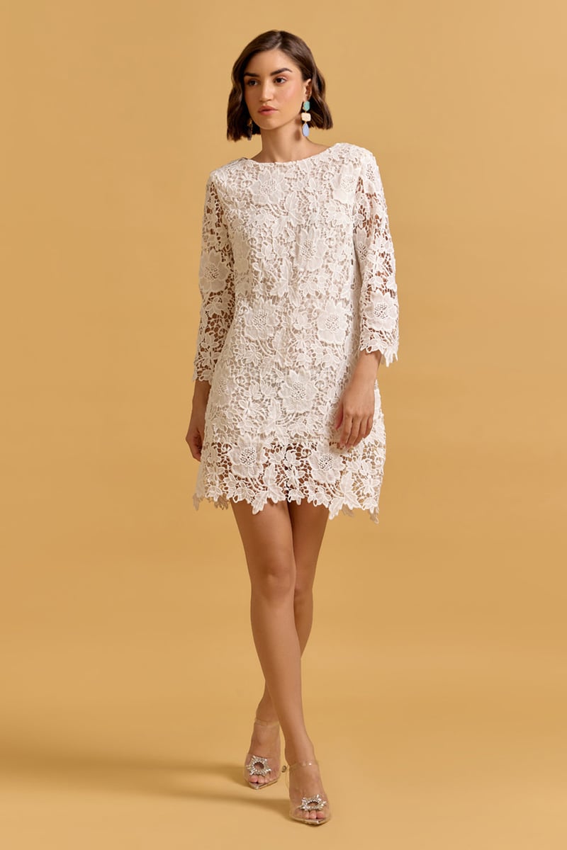 White Lace Boat Neck Mini Dress with 3/4 Sleeves