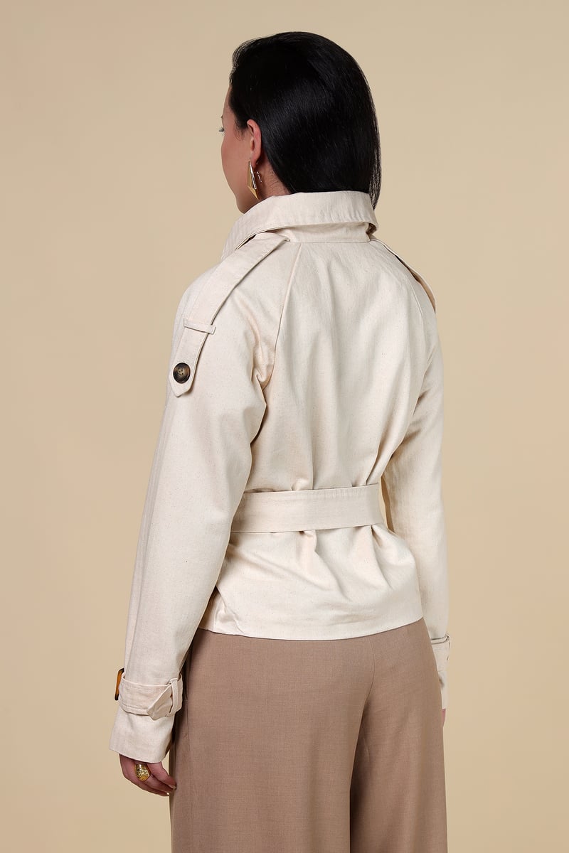 Beige Tailored Belted Jacket with Crochet Shoulder Panels
