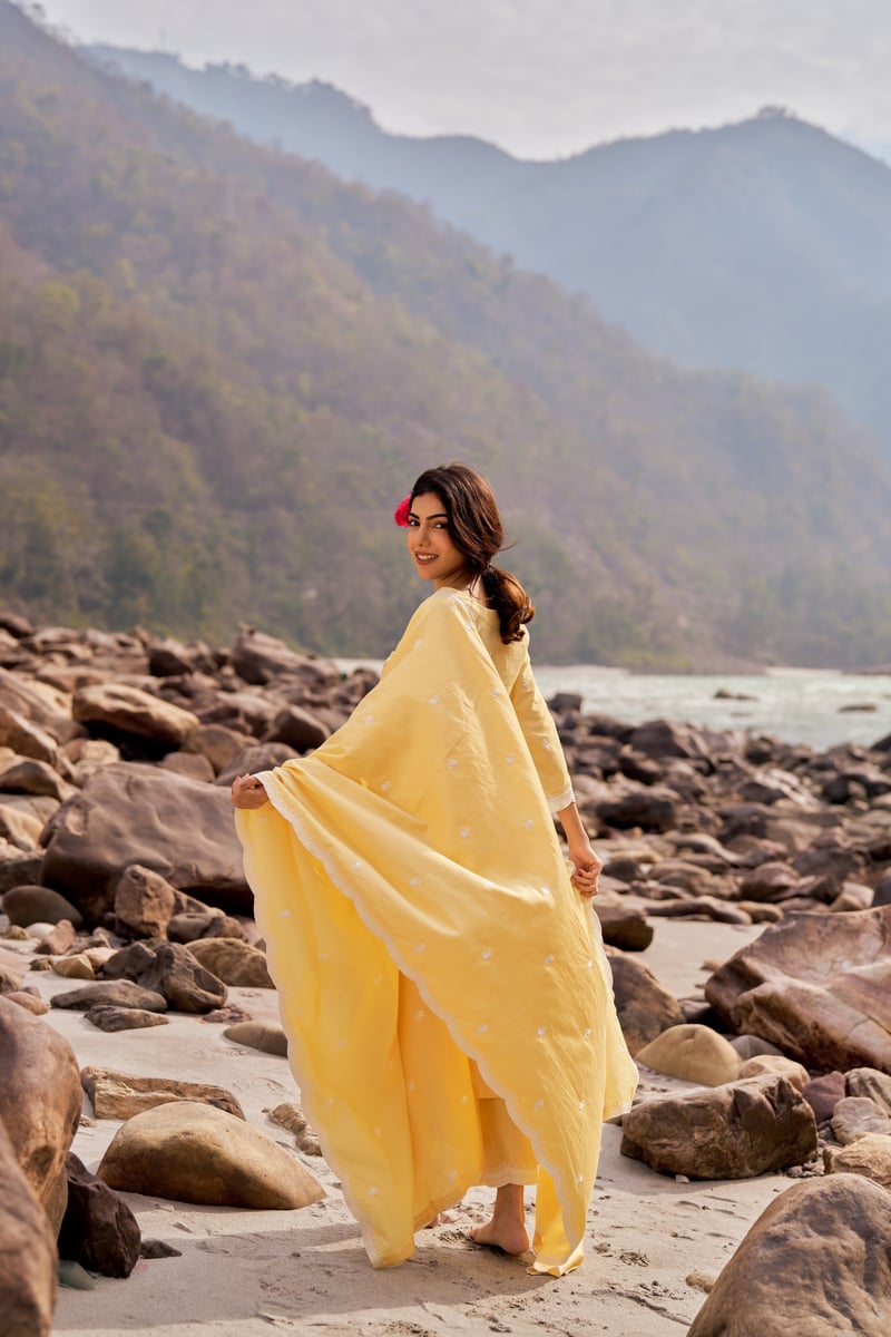 Yellow Cotton Embroidered Straight Kurta Set with Dupatta
