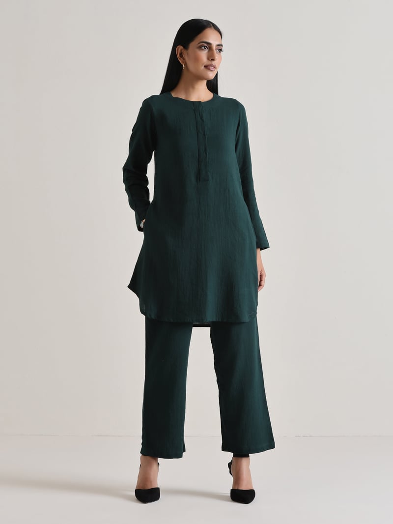 Dark Green Cotton Dobby Co-ord Set with Front Placket