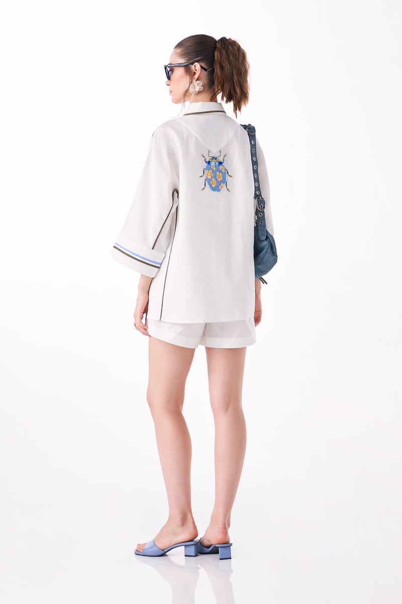 White Cotton-Linen Anti-Fit Shirt with Back Embroidery