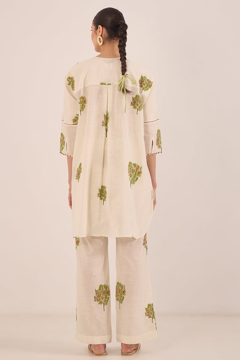Ivory Cotton Printed Tunic and Wide-Leg Pants Co-ord Set