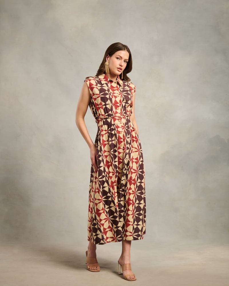 Beige Geometric Printed Sleeveless Shirt Midi Dress