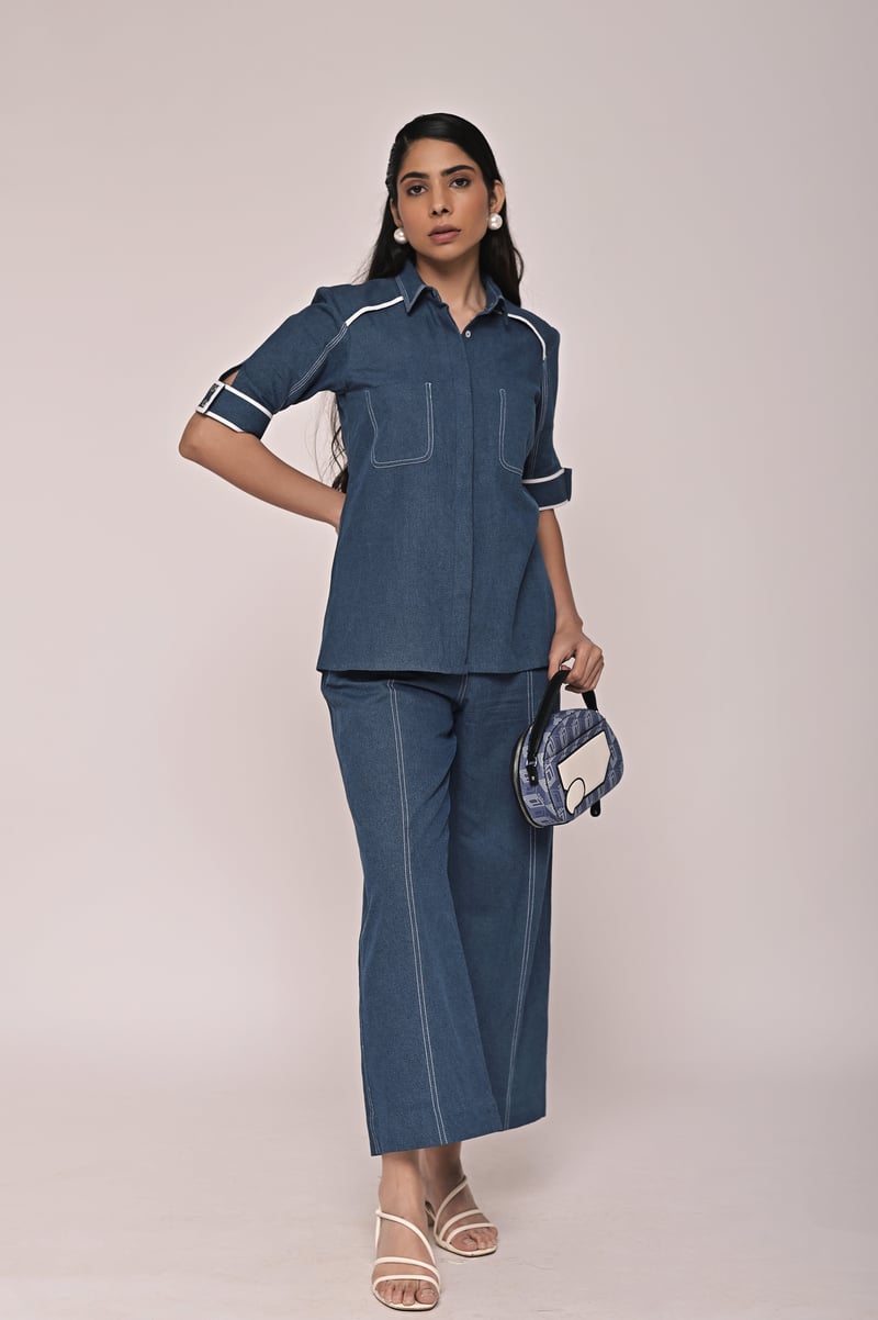 Denim Blue Shirt and Wide-Leg Pants Co-ord Set