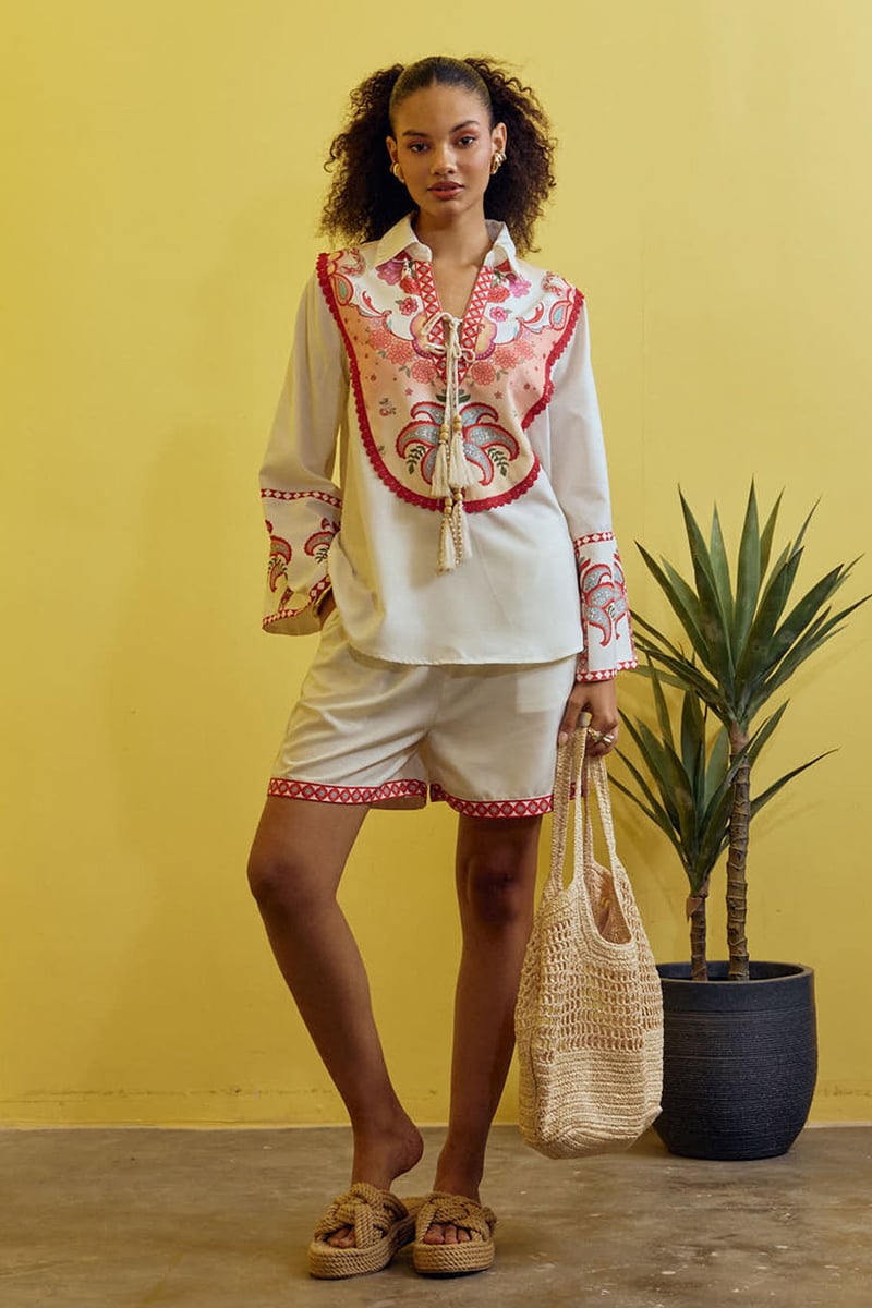 Cream Printed Shirt and Shorts Co-ord Set