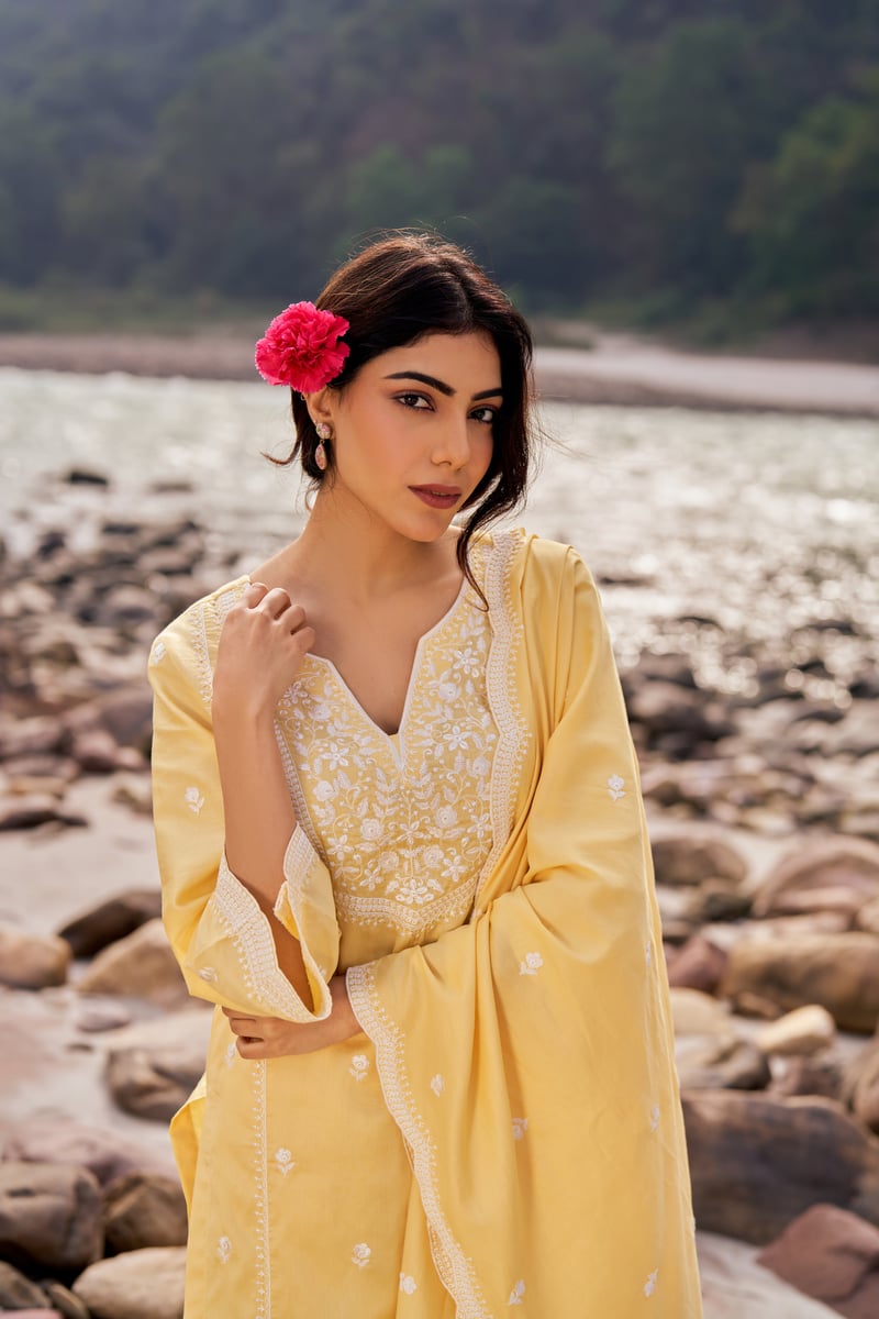 Yellow Cotton Embroidered Straight Kurta Set with Dupatta
