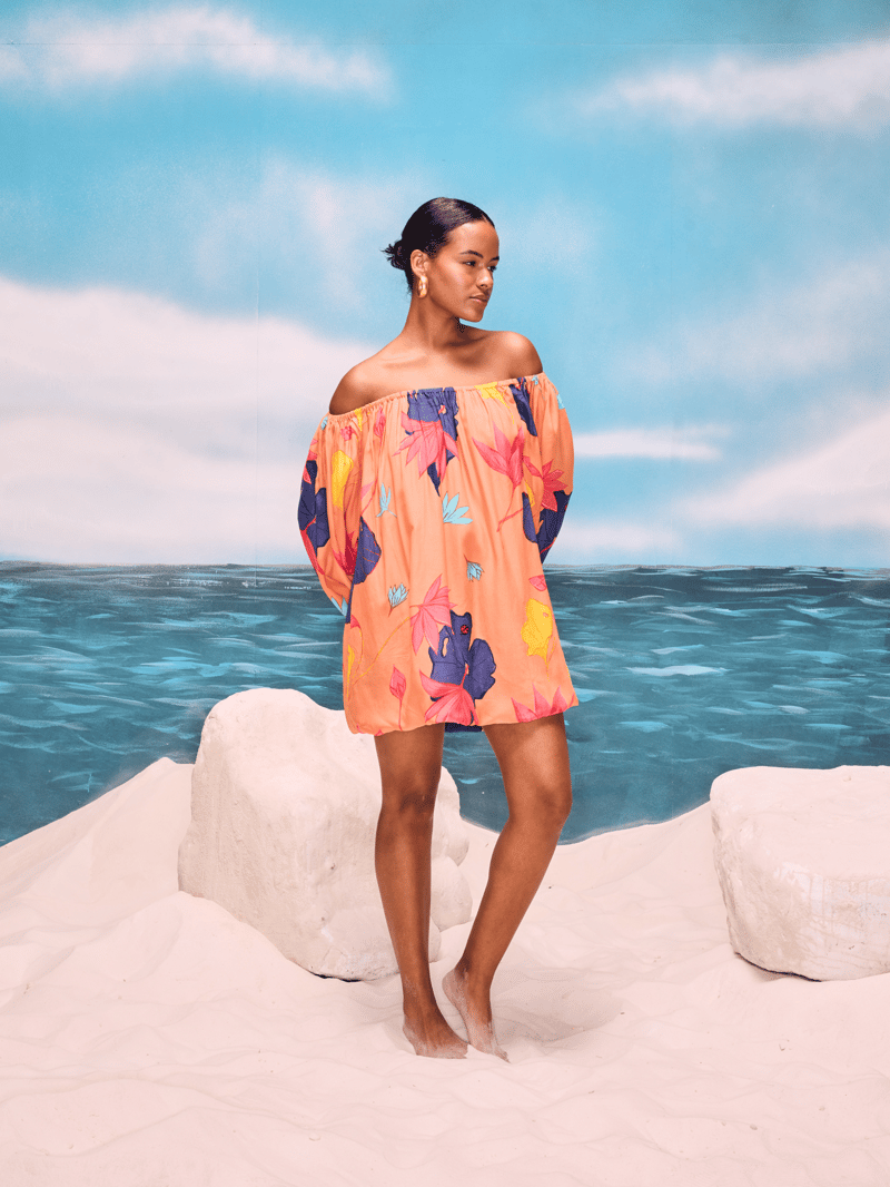 Peach Off-Shoulder Floral Bubble Mini Dress