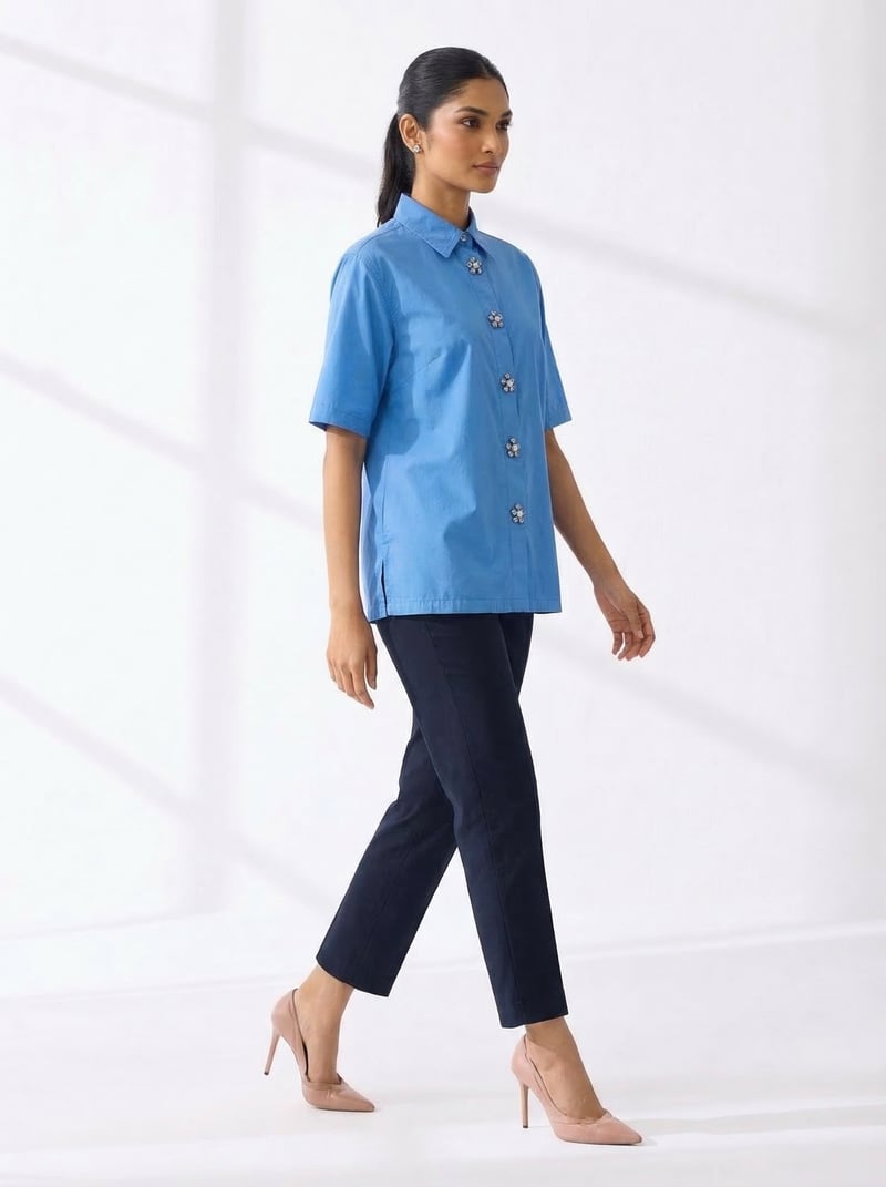 Blue Oversized Cotton Shirt with Embellished Buttons