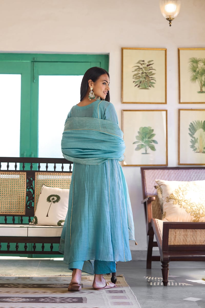 Sky Blue Silk Chanderi Embroidered Kurta Set