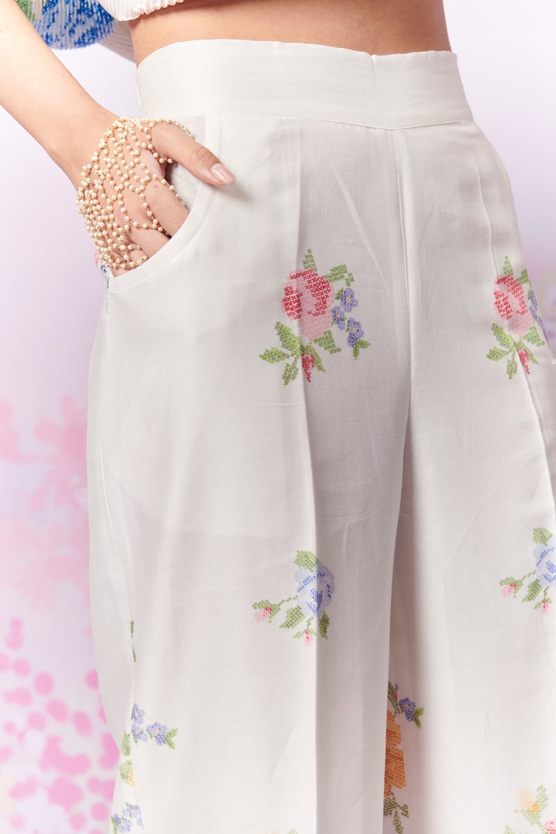 White Chanderi Silk Floral Wide-Leg Trousers