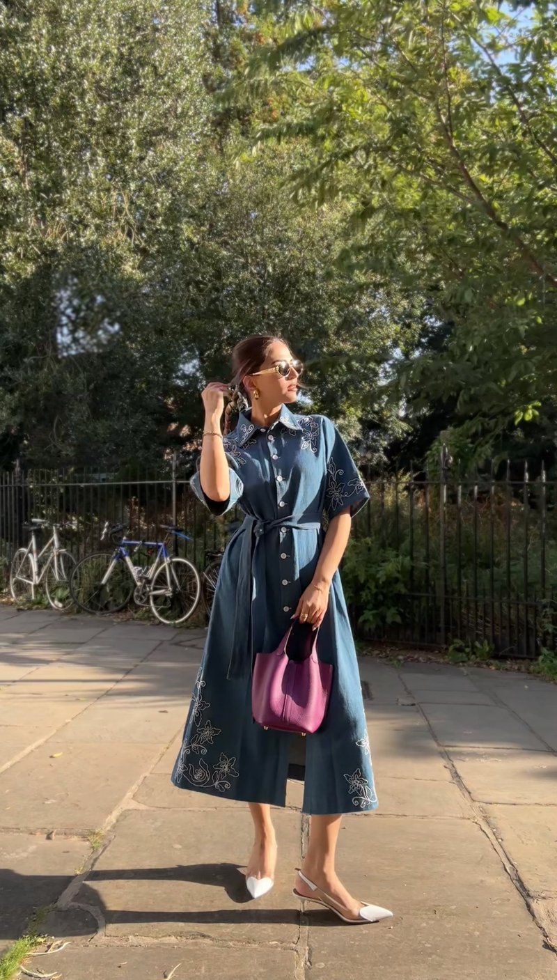 Blue Denim Embroidered Button-Down Midi Shirt Dress