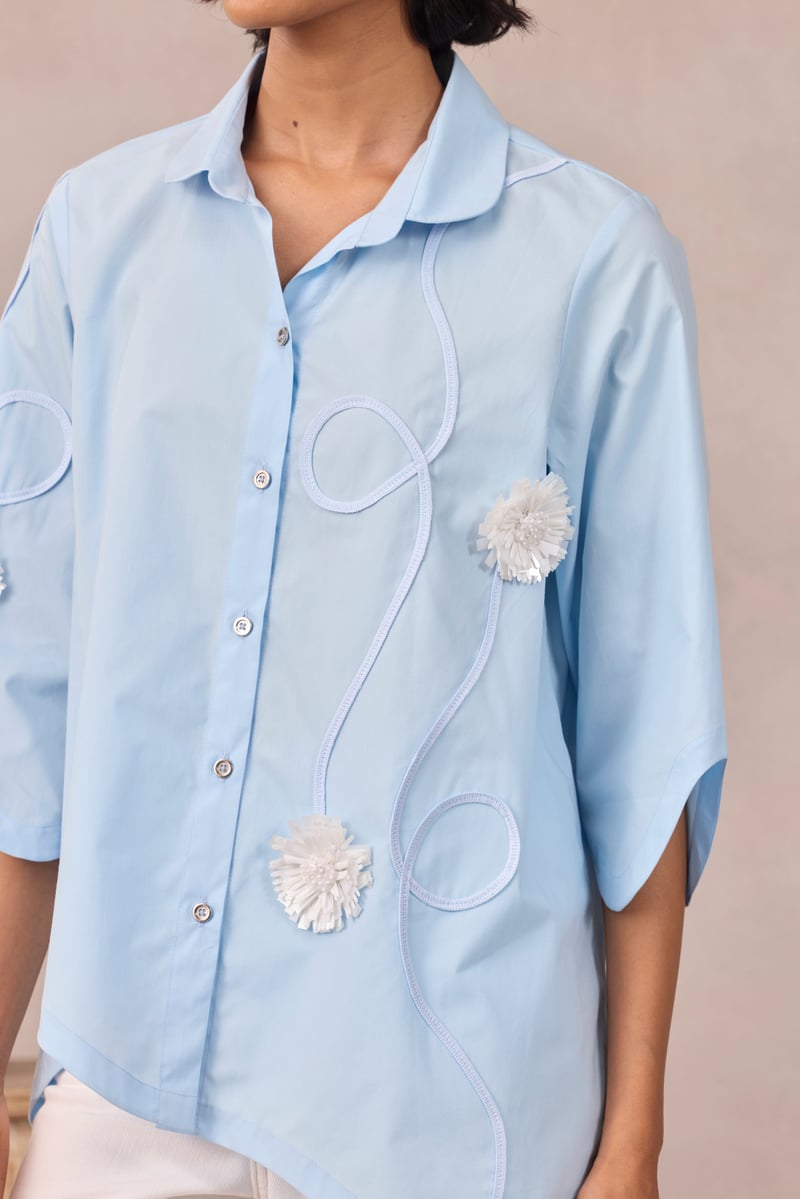 Frost Blue Applique Button-Down Shirt with Wave Hem