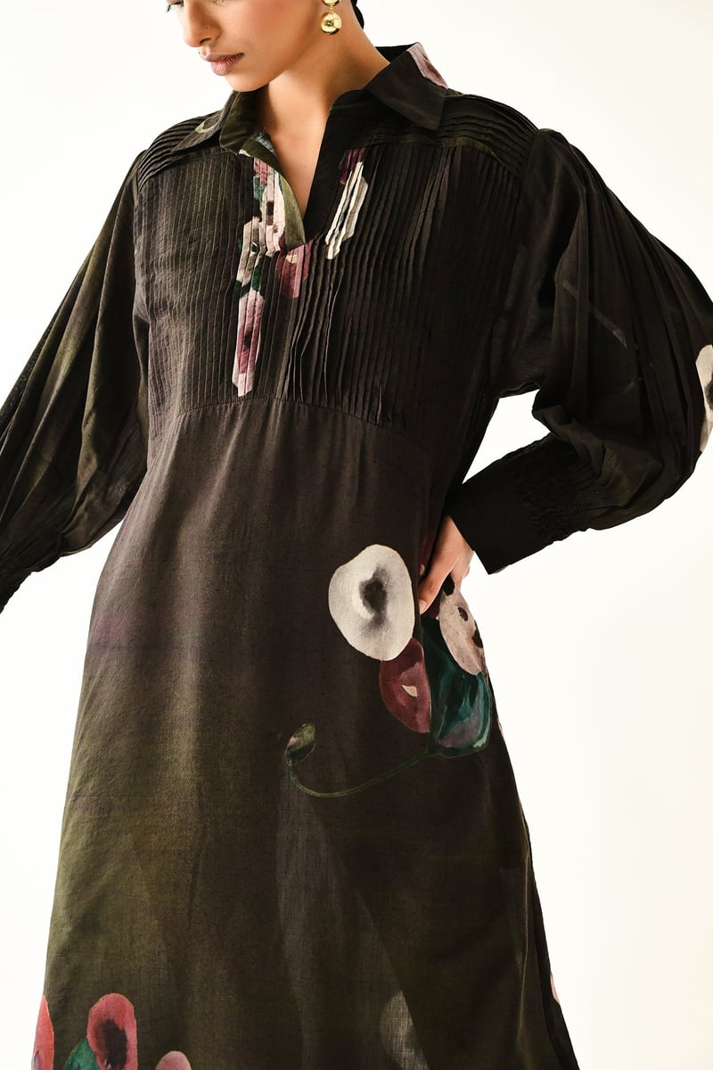 Brown Abstract Floral A-Line Midi Shirt Dress