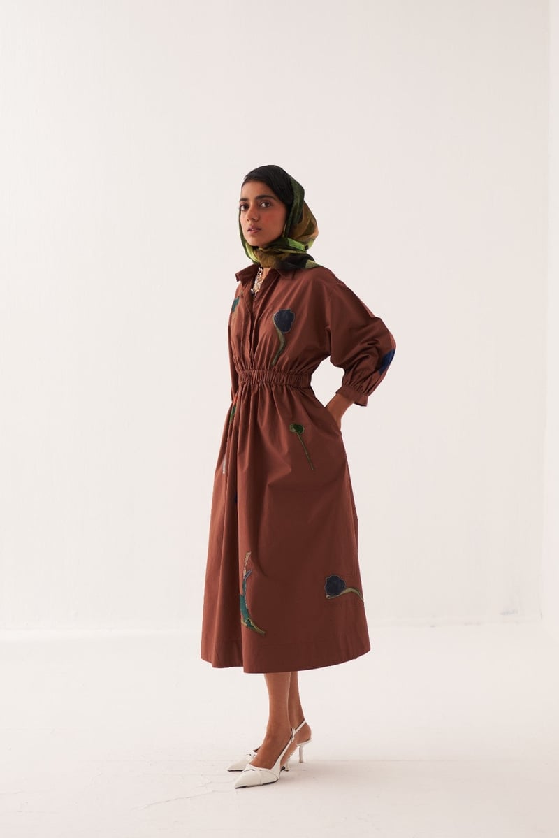Brown Midi A-Line Shirt Dress with Floral Applique