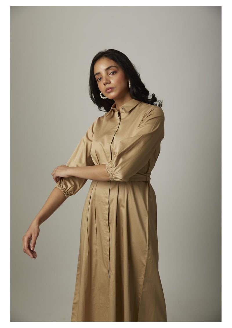 Gold Cotton Satin Belted Midi Shirt Dress