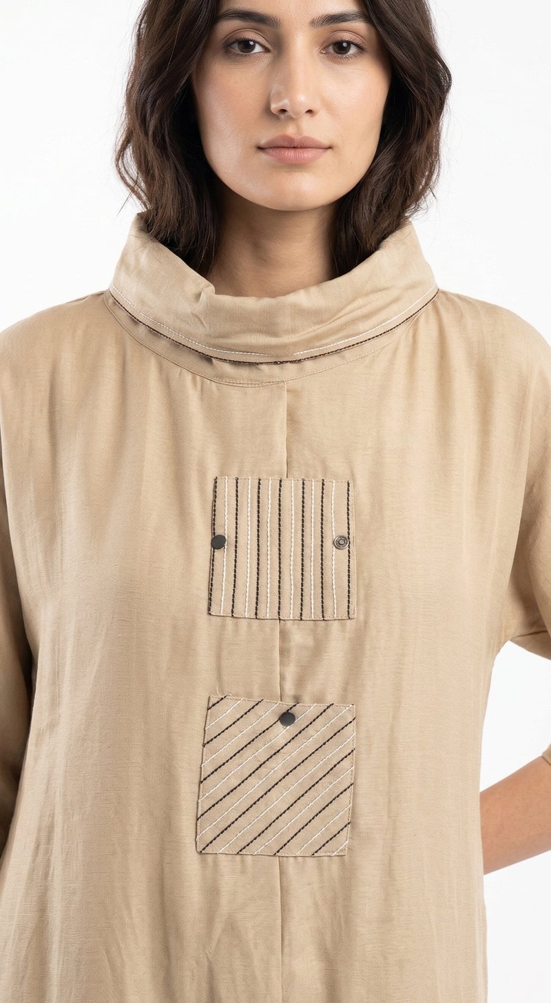 Beige Cotton Silk A-Line Midi Dress with Patch Pockets