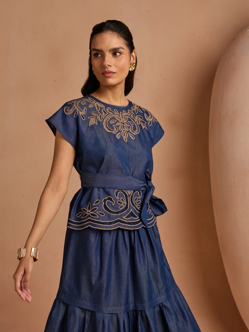 Blue Cotton Denim Cutwork Embroidered Belted Top