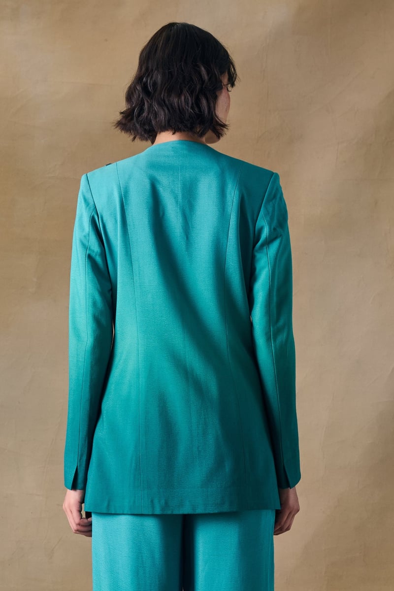 Teal Green Ombre Tailored Blazer with Beadwork Detail