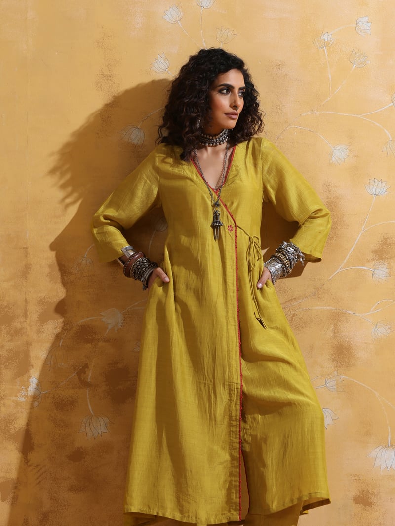 Lime Muslin Silk Angrakha Kurta and Pant Set