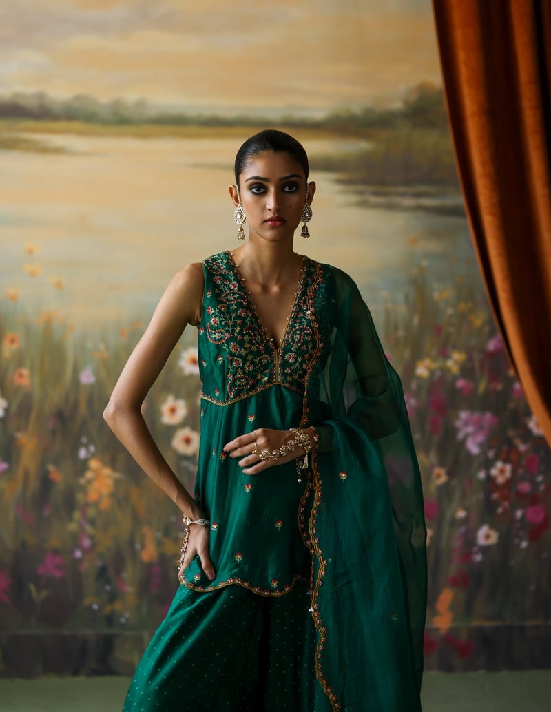 Emerald Green Embroidered Peplum Sharara Set with Dupatta