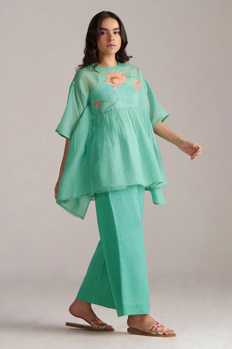 Bright Aqua Kota Silk Co-ord Set with Wide-Leg Pants