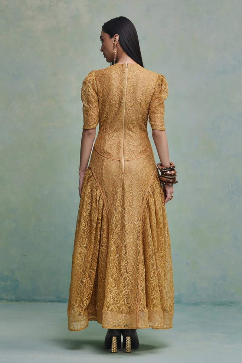 Yellow Chantilly Lace Basque-Waist Maxi Dress