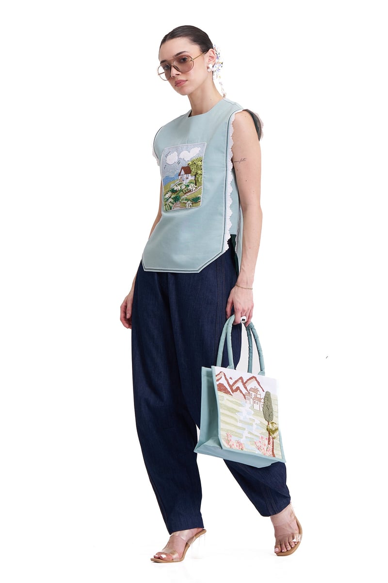 Dark Blue Denim Barrel-Leg Trousers with Pockets