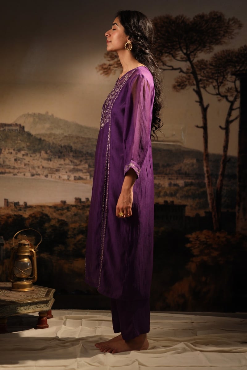 Purple Chanderi Embroidered Kurta Set with Pants and Slip