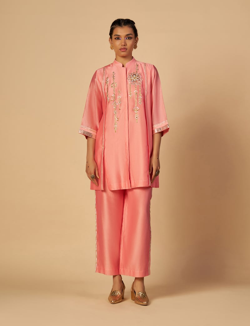 Pink Silk Chanderi Boxy Shirt with Gota and Sequin Work