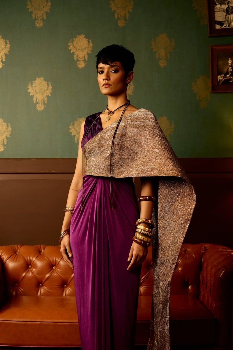 Purple Saree Drape Maxi Gown with Gold Pallu Detail