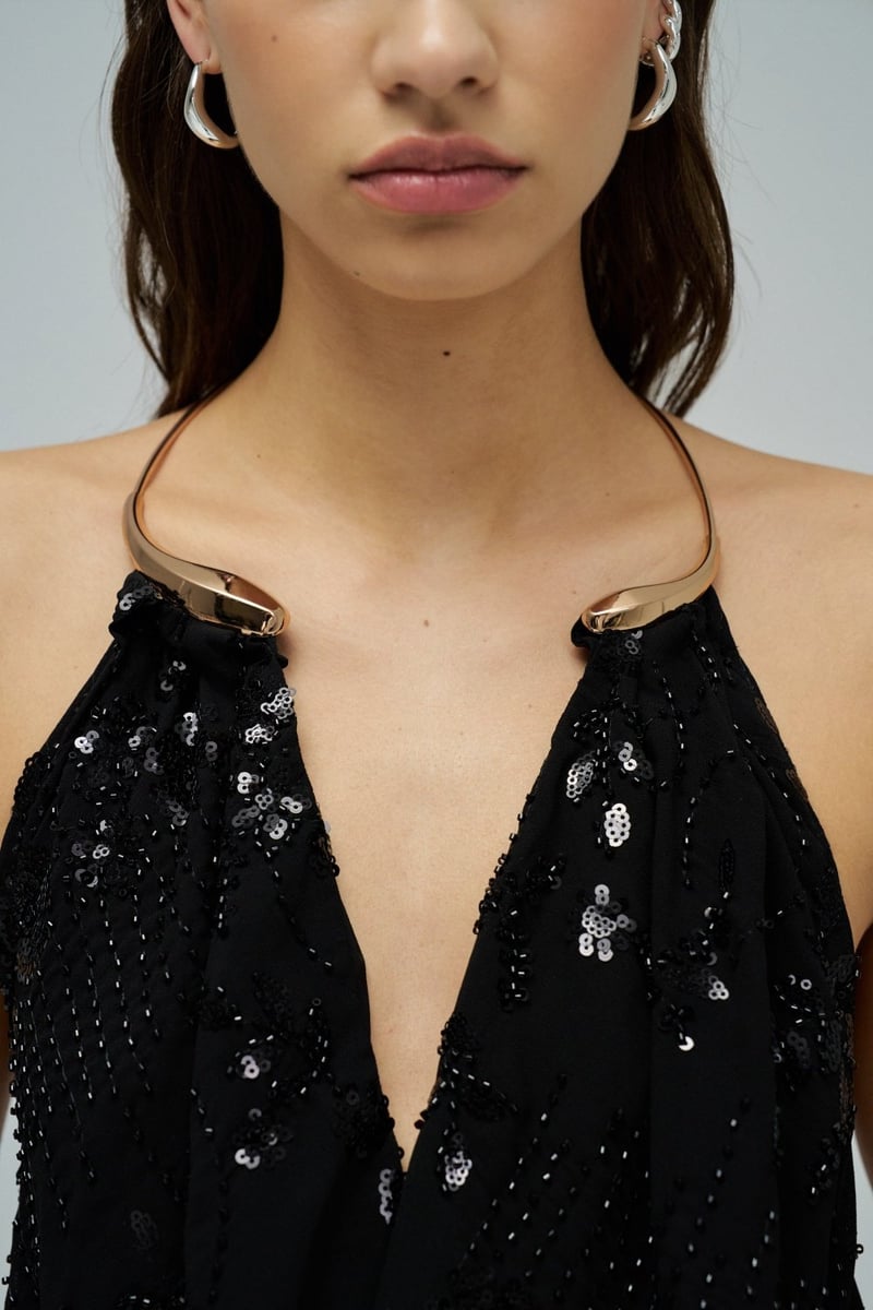 Black Sequin Halter Top with Metallic Neck Detail