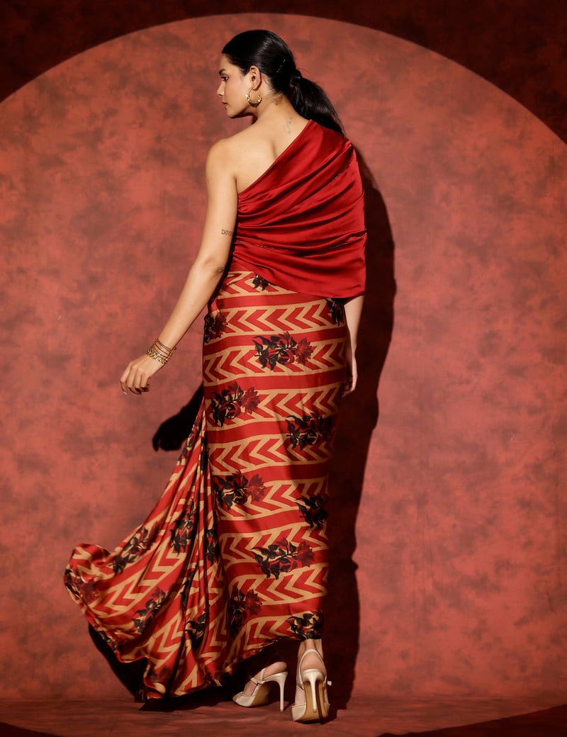 Red One-Shoulder Printed Maxi Gown with Slit