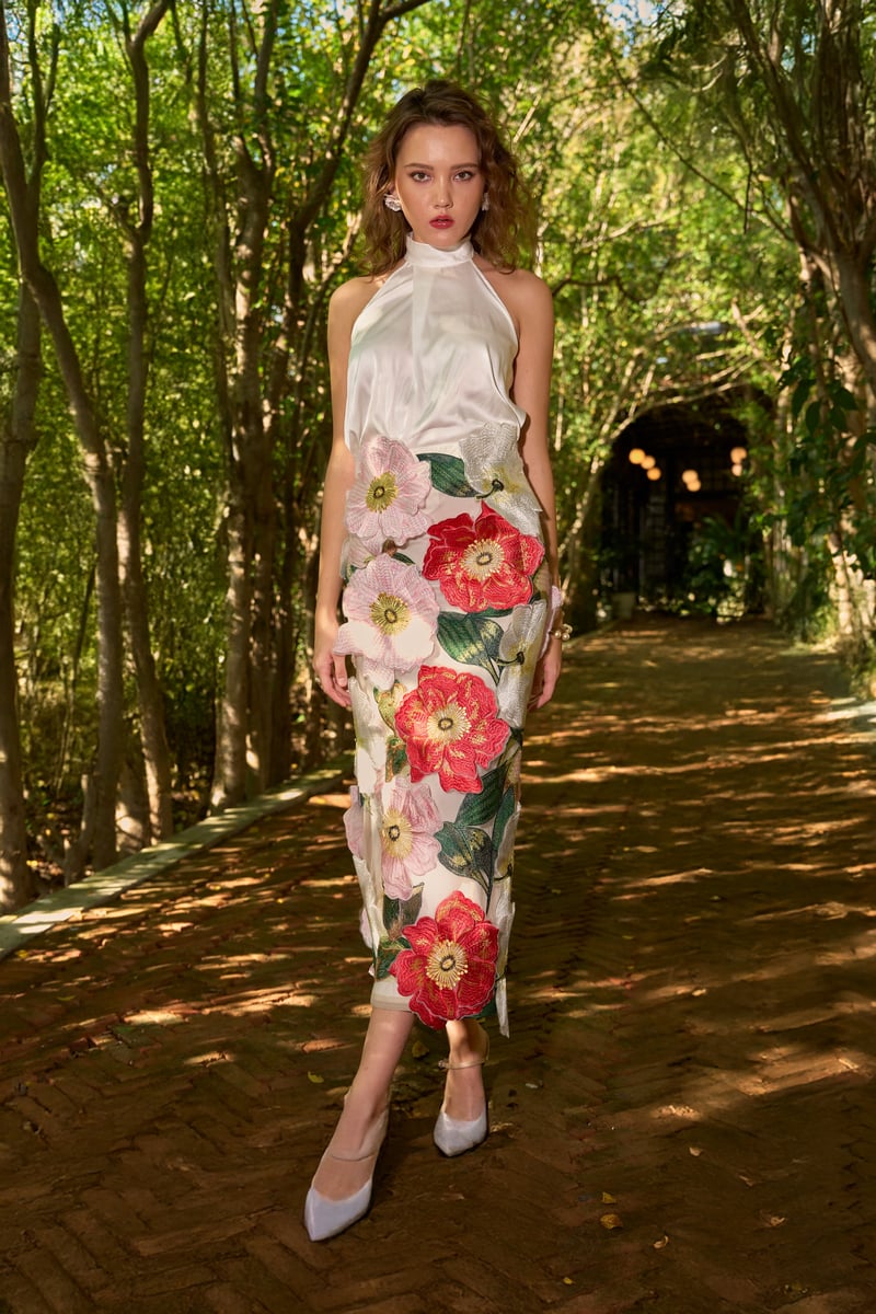 Ivory Satin Halter Top and 3D Floral Midi Skirt Co-ord Set