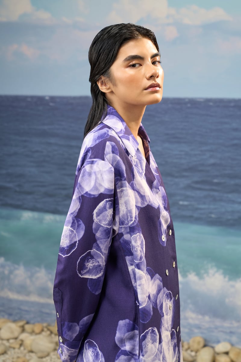 Purple/Navy Abstract Print Cotton Poplin Shirt Dress