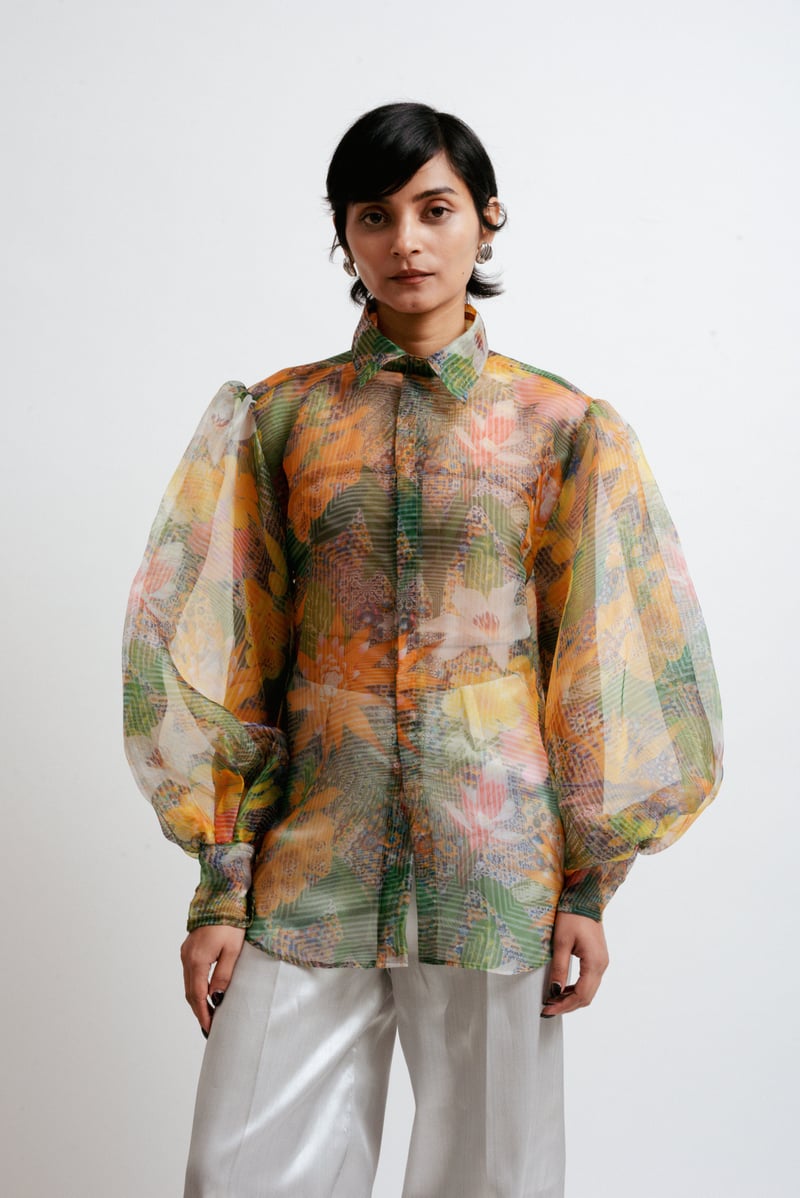 Sheer Organza Abstract Print Balloon Sleeve Shirt
