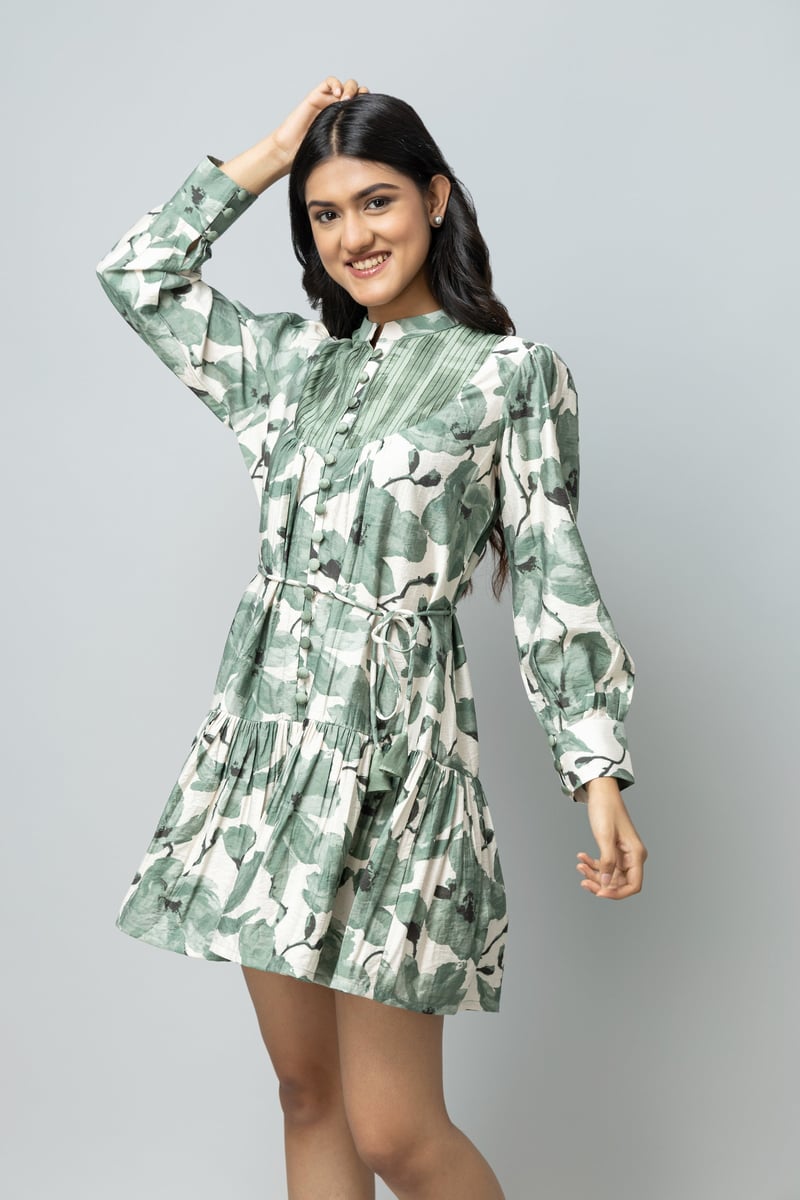 Sage Green Floral Fit and Flare Knee-Length Dress