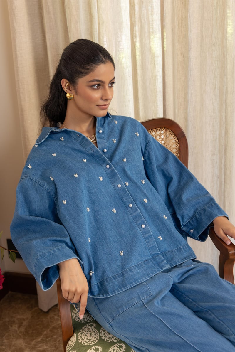 Light Blue Denim Boxy Shirt with Pearl Embellishment