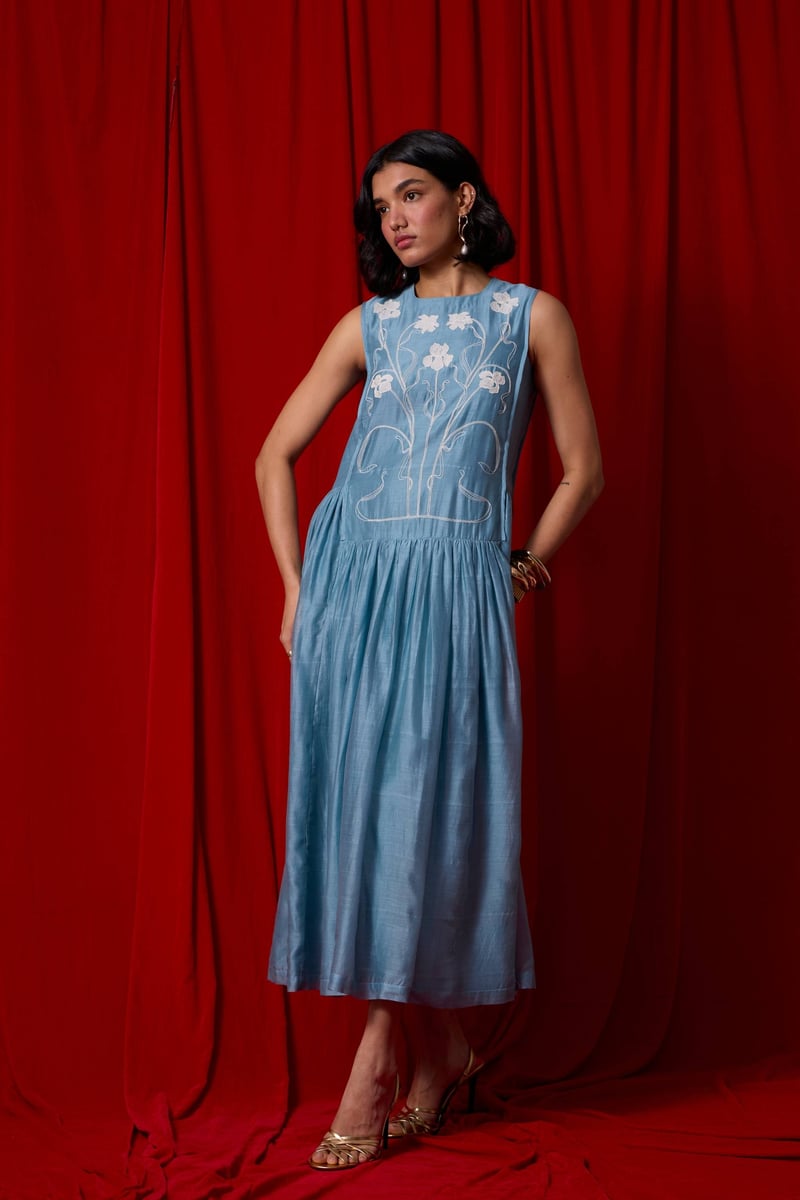 Blue Handwoven Chanderi Embroidered Maxi Dress