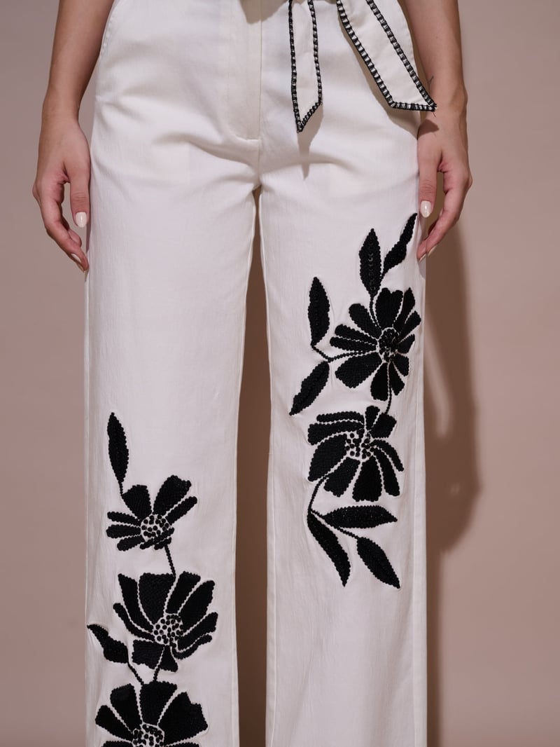 White Wide-Leg Embroidered Trousers